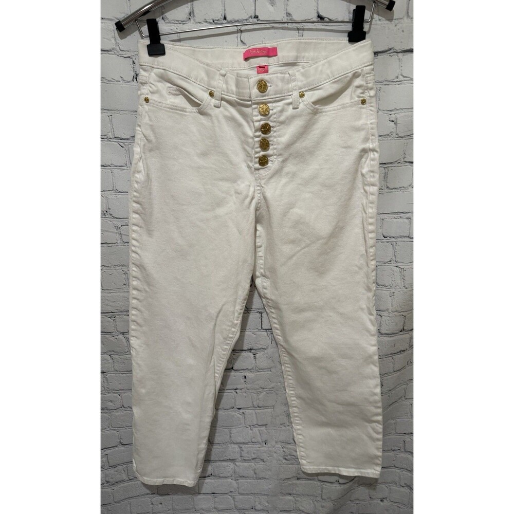 Lilly Pulitzer Women's White High-Rise Jeans featuring a Gold button fly Size 10